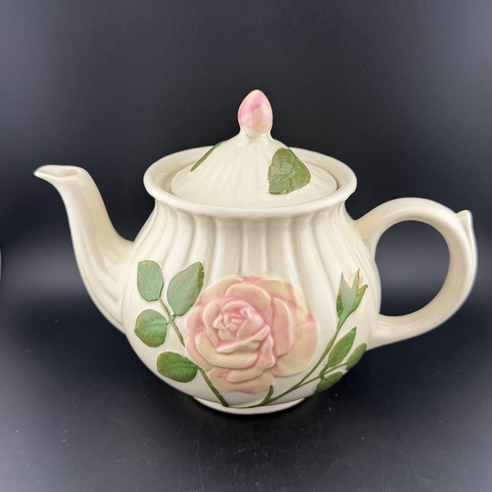 Shawnee Pottery Vintage Embossed Pink Rose Ceramic Teapot Marked USA 1950s